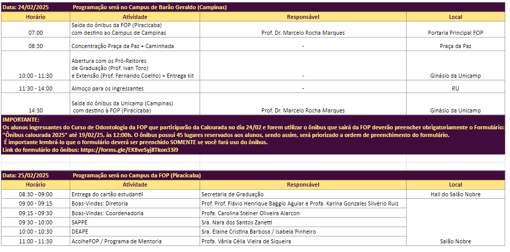 Programação calourada FOP